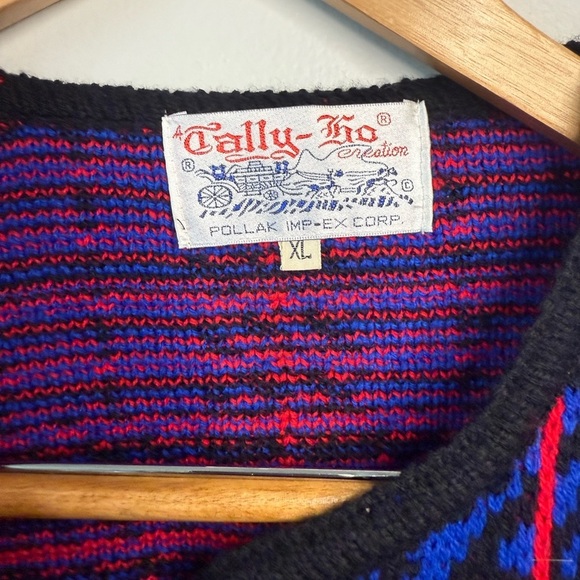 Vintage 80s Plaid Knit Sweater w/ Shoulder Pads & Pockets – Tally-Ho XL - Picture 5 of 8